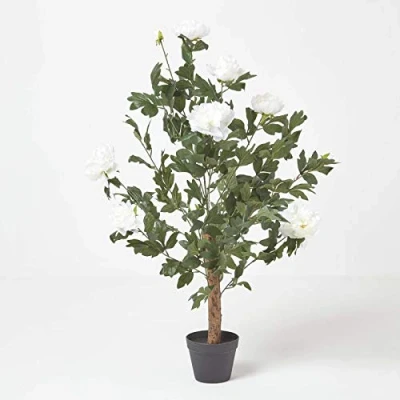 Image of HOMESCAPES Tall artificial Cream Peony Tree in Black Pot 100 cm Faux Decorative Flowers for Indoor Decoration