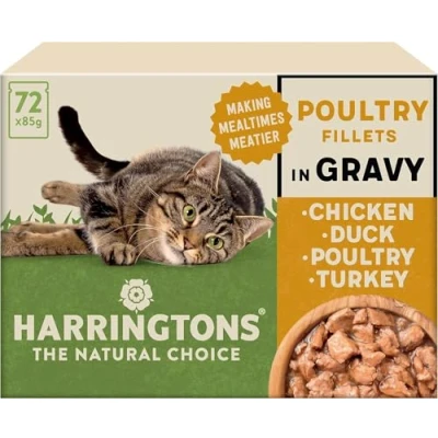 Image of Harringtons Complete Wet Pouch Grain Free Hypoallergenic Adult Cat Food Poultry in Gravy Pack 72x85g Chicken, Duck, &amp; Turkey Making Mealtimes Meatier