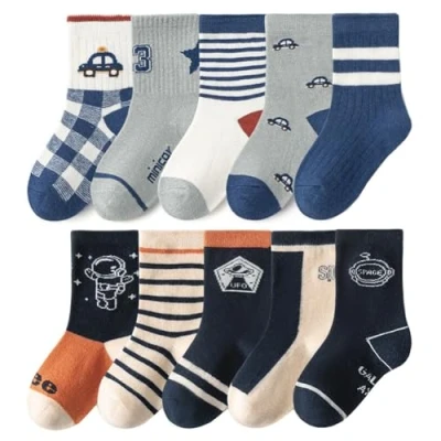 Image of FedMois 10 Pairs Cotton Crew Socks Winter for Kids 1 9 Years, Auto and Astronaut, 3 5 Years