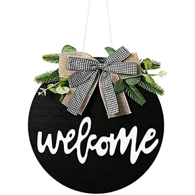 Image of Alnicov Welcome Wreath Sign Front Door Wreaths Wood for Farmhouse porch Decoration(Bow Style)