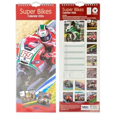 Image of 2025 Super Slim Month to View Spiral Bound Hanging Wall Calendar Home Office (Super Bikes)