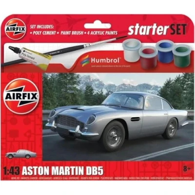 Image of Airfix Starter Set A55011 Aston Martin DB5 Model Building Kit Plastic Car Kits for Adults &amp; Children 8+, Includes Decals, Humbrol Acrylic Paints, Brushes Poly Cement 1:43 Scale