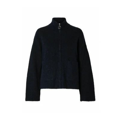 Image of Selected Femme Women&#039;s Slfsia Ras Ls Knit Zipper Cardigan Noos Sweater, Dark Sapphire, M