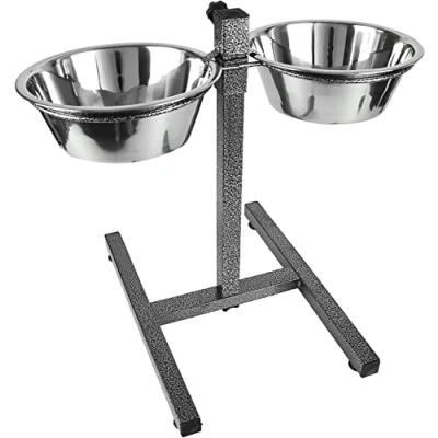 Image of Dog Elevated Food Bowl Holder Set Raised Cat Feeding Station Stand Adjustable Height Pet Double Feeder 2 Stainless Steel Water Bowls (Jumbo)