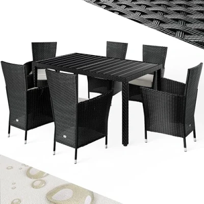 Image of CASARIA® 6+1 Polyrattan Outdoor Dining Furniture Set 6 Stackable Armchairs with Cushions 150x90cm Table WPC Top Weatherproof Patio Seating Group Black