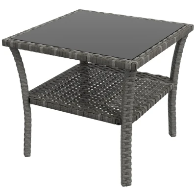 Image of Outsunny 50cm Outdoor PE Rattan Coffee Table, Patio Wicker Two tier Side Table with Glass Top, for Patio, Garden, Balcony, Grey