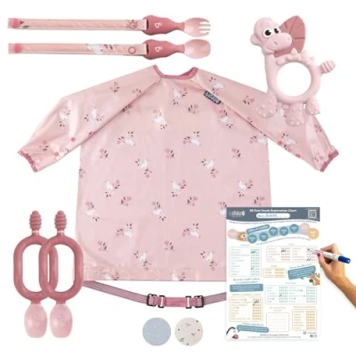 Image of BIBaDO Starter Baby Feeding Set Includes Bibs, Weaning Spoons, Cutlery, Teether &amp; Poster, BPA Free, Perfect for and First Foods Blush