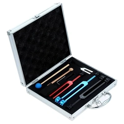 Image of DRELD Sound Healing Tuning Fork Set 128Hz, OM 136.1Hz, MI 528Hz, 4096Hz Aluminum Forks Body Tuner with Hammers and Storage Box for Chakra, Solfeggio, Biofield Therapy