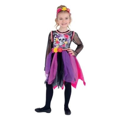 Image of Smiffys Day of The Dead Pom Costume Dress &amp; Headband, Halloween Child Fancy Dress, Up Costumes
