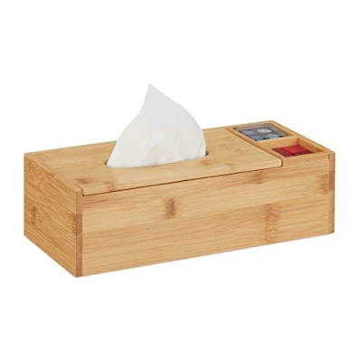 Image of Relaxdays Tissue Box with Lid &amp; 2 Compartments, Bathroom Office, Bamboo Organiser, HxWxD 9 x 30.5 x14.5 cm, Natural, Light Brown, Pack of 1