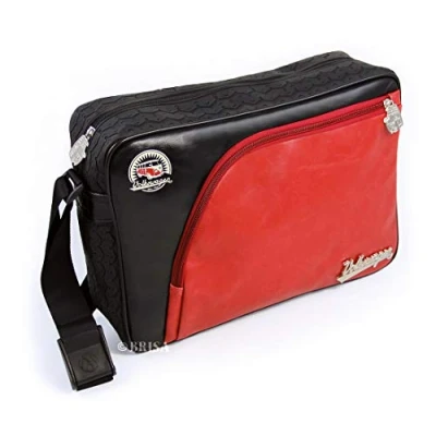 Image of BRISA VW Collection Shoulder Bag Messenger with Tire Tread Design in T1 Bus Campervan (Vintage/Red &amp; Black)