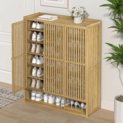 Image of tinysiry Bamboo Shoe Cabinet,8 Tier Widen Storage Cabinet with 3 Doors &amp; Hollow Base,Farmhouse Wooden Shoes Rack Organiser for Hallway Closet Bedroom 8