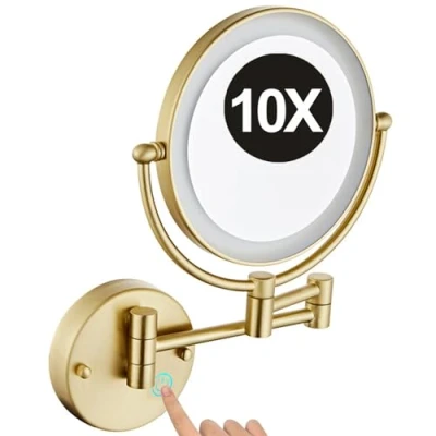 Image of 8 Inch Hardwired Wall Mounted Lighted Makeup Mirror, Dual Sided LED Vanity 360 Adjustable 10X Magnifying Cosmetic Brass Shaving Mirror for Bathroom Hotel,Brushed gold,base touch