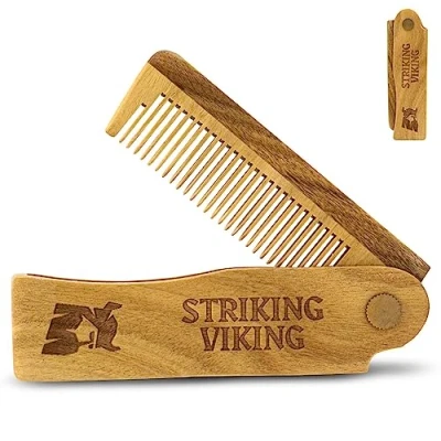 Image of Striking Viking Folding Wooden Comb Men&#039;s Hair, Beard &amp; Mustache Pocket Sized Sandal Wood for Everyday Grooming, Use Dry or with Balms and Oils Gift Men