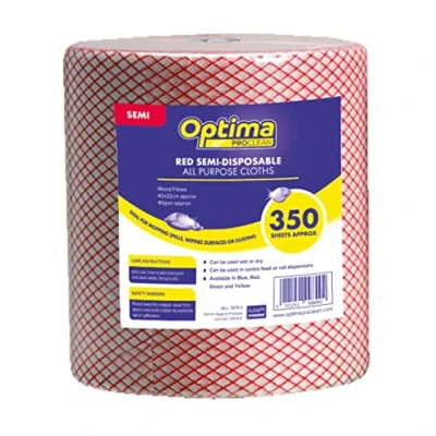 Image of Optima Proclean Lightweight All Purpose Cleaning Cloth, Wiping, 22 x 44cm, 1 350 Cloths On A Roll, Red