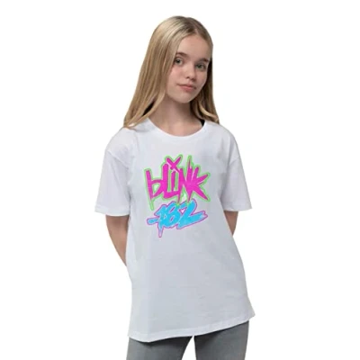 Image of Blink 182 Kids T Shirt Neon Band Logo Official White (Ages 7 14 yrs) M