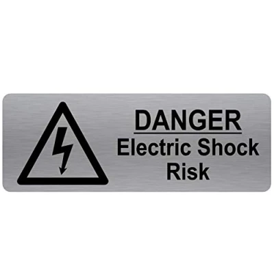 Image of METAL Danger ELECTRIC SHOCK Risk Sign WITH IMAGE Brushed Silver Aluminium Warning Safety Security Door Notice Shop Warehouse School Cafe Restaurant Business Health Electricity Cables Wires
