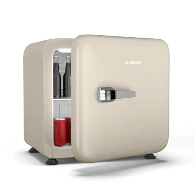 Image of KLARSTEIN Audrey Evo 43L Retro Mini Fridge Quiet 40 dB, Adjustable Thermostat, Reversible Door, Small Fridges for Bedrooms, Offices, Cream