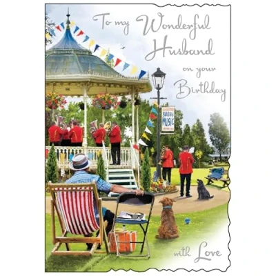 Image of Jonny Javelin Husband Birthday Card Happy with Dog and Brass Band Design Embossed Foil Details for Men