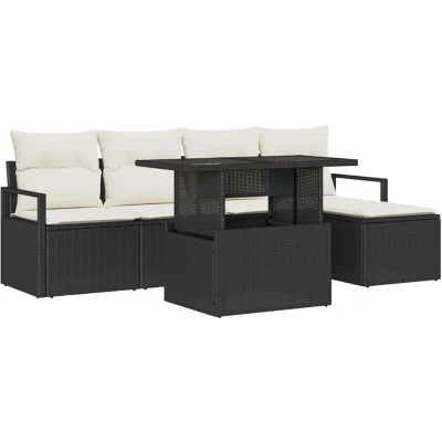 Image of vidaXL 6 Piece Garden Sofa Set with Cushions Black Poly Rattan