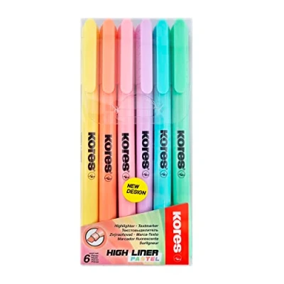 Image of Kores Highlighter Pens High Liner Pastel, Water Based Ink Pen Set with Ergonomic Shape Stationery Supplies, Office Supplies of 6 Assorted Colours