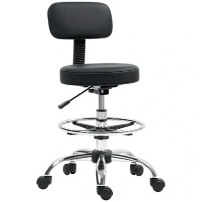 Image of HOMCOM Draughtsman Chair, Faux Leather Height Adjustable Stool with Footrest, 360 Swivel Chair for Study and Bedroom, Black