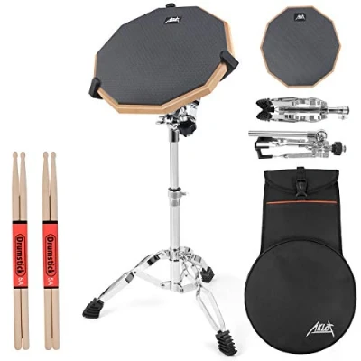 Image of AKLOT Drum Practice Pad Set 12&quot; for Adult Kids with Snare Stand,Double Sided,Drumsticks,Carry Bag Grey
