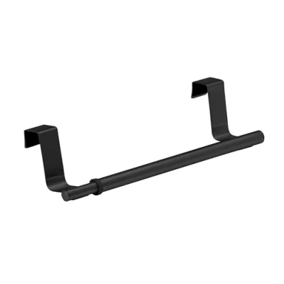 Image of WENKO Telescopic door towel rack, extendable holder for kitchen and bathroom hanging on drawer &amp; cupboard door, mounting without drilling, stainless steel, 22 35 x 6 7 cm, black