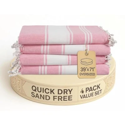 Image of LANE LINEN Turkish Beach Towel Set Of 4 100% Cotton Towels, Pre Washed Pool Towel, Extra Large Quick Dry &amp; Sand Free, Absorbent Travel 39&quot;x71&quot; Candy Pink