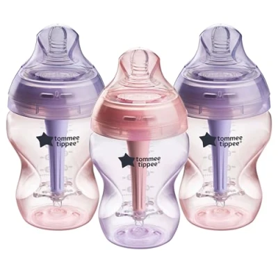Image of Tommee Tippee Advanced Anti Colic Baby Bottle, 260ml, Slow Flow Breast Like Teat for a Natural Latch, Triple Vented Wand, Pack of 3, Purple/Pink