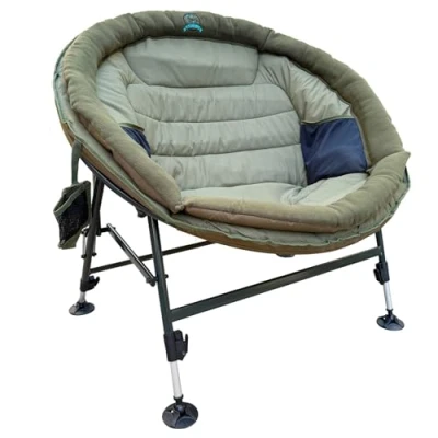 Image of CARPZILLA Foldable Folding Wide Round Fishing Chair Sunchair Moon Adjustable Legs Rotating Feet 220g Fleece Padding Pockets Bottle Holder Oxford Fabric Heavy Duty 150KG Weight Limit Dark Green