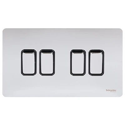 Image of Schneider Electric Ultimate Screwless Flat Plate 4 Gang Rocker 2 Way Light Switch, Single Pole, 16AX, GU1442BPC, Polished Chrome with Black Insert