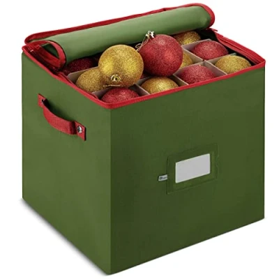 Image of Premium Christmas Bauble Storage Box with Dividers 64 Compartment Xmas Ornament Container Zippered Closure Designed for Delicate Decorations &amp; Baubles Tear Proof Non Woven