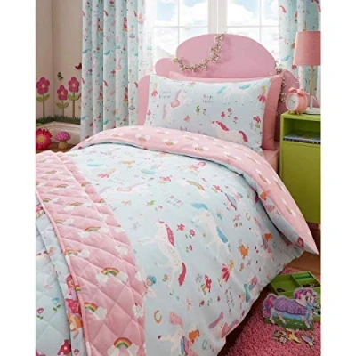 Image of Kidz Club Magical Unicorns Childrens Single Bed Duvet Cover and Pillowcase, Blue, Polyester Cotton