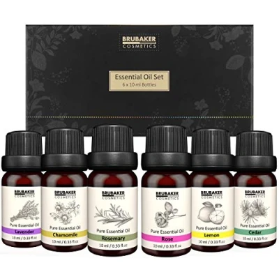 Image of BRUBAKER Cosmetics Set of 6 Essential Oils Aromatherapy X 10 ML Natural Lavender Rose Rosemary Chamomile Lemon Cedar for Diffuser Humidifier Massage Body Care