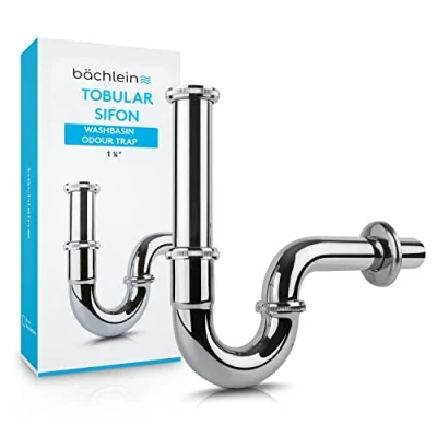 Image of Bächlein Universal Tubular Siphon [Extra Long] for Washbasin &amp; Washstand Drain Set, Chrome incl. Rubber Sleeve Wall Connection Odour Trap, Set