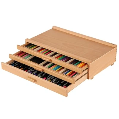 Image of VISWIN Upgraded 3 Drawer Wood Artist Supply Storage Box with Removable Dividers, Premium Beech Art Box, Portable Organizer for Paints, Pastels, Pencils, Brushes and Supplies