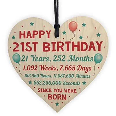 Image of RED OCEAN Funny 21st Birthday Card Wooden Hanging Heart Twenty One Gift For Daughter Son