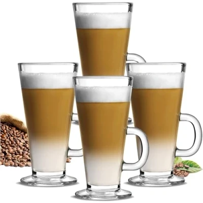Image of Latte Glasses Tea &amp; Coffee Cups Pack of 4 270ml Temperature Resistant Hot Drink Cafe Mugs with Handle Ideal for Milk Juice Ice Cream Latte, Cappuccino, Espresso and Chocolate