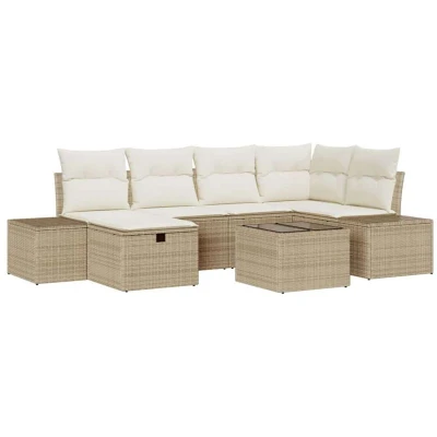 Image of vidaXL 7 Piece Garden Sofa Set with Cushions Beige Poly Rattan