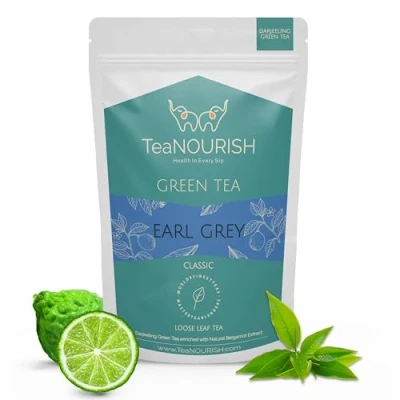 Image of TeaNOURISH Earl Grey Green Tea Darjeeling Loose Leaf Enriched with Natural Bergamot Extract 100% 50 Cups Hot or Iced 3.53oz/100g