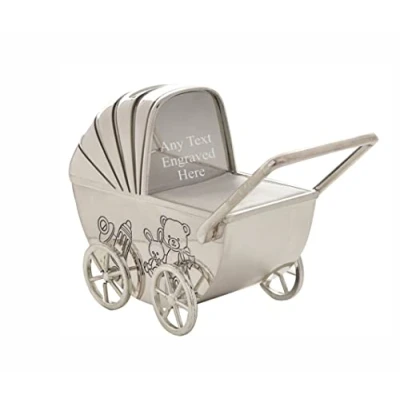 Image of [Custom] Personalised Engraved Silver plated Pram Bank Money Box Christening / Birthday Gift