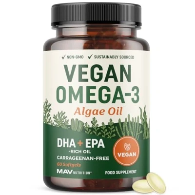 Image of Vegan Omega 3 Algae Oil Plant Based DHA EPA Sustainably Sourced, No Carrageenan, Non GMO Heart, Brain, and Eye Health Fish Alternative Supplement 60 Softgel Capsules