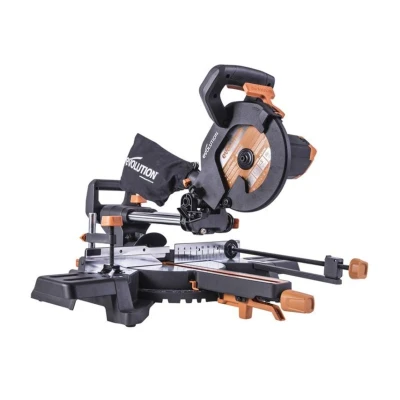 Image of Evolution Power Tools R210SMS 300+ Sliding Mitre Saw with Multi Material Cutting, 45 Degree Bevel, 50 Mitre, 300 mm Slide, Blade Included Cuts Wood Plastic Metal &amp; More (1500 W, 230 V, 210 mm)