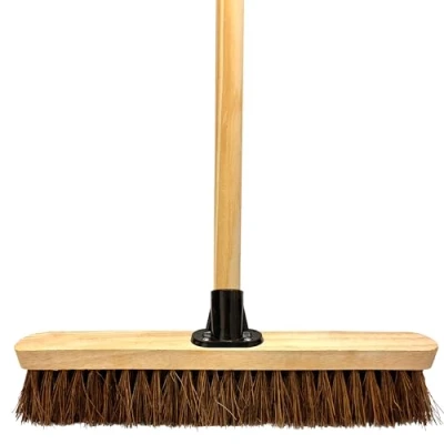 Image of 18 Outdoor Garden Broom with Wooden Handle Natural Stiff Bassine Hard Bristle Durable Support Bracket Yard Brush Heavy Duty Cleaning Sweeping (PACK OF 1)