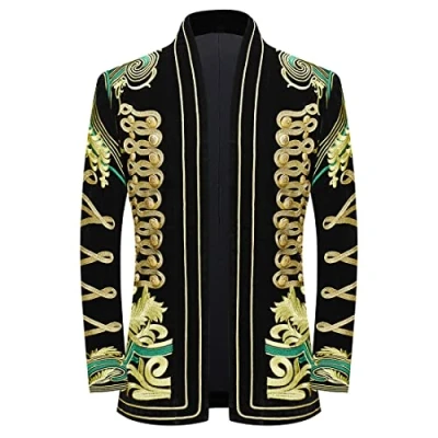 Image of PYJTRL Mens Stylish Court Prince Black Velvet Gold Embroidery Blazer Suit Jacket,Green Flower,XL