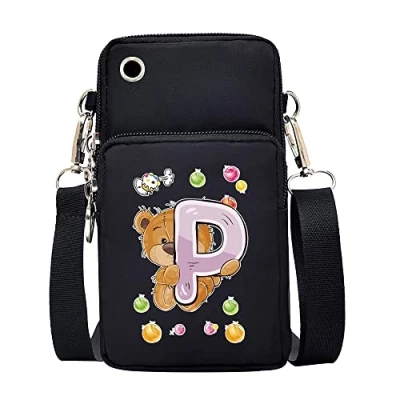 Image of FINDING CASE initial letter Printed Women Girls men Zipper Waterproof Nylon 3 Layers Crossbody Bags Wallet Cellphone Purse Shoulder Bag Wristlet Handbags Adjustable Strap (Bear P)