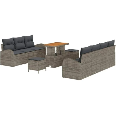 Image of vidaXL 10 Piece Garden Sofa Set with Cushions in Grey Poly Rattan Acacia