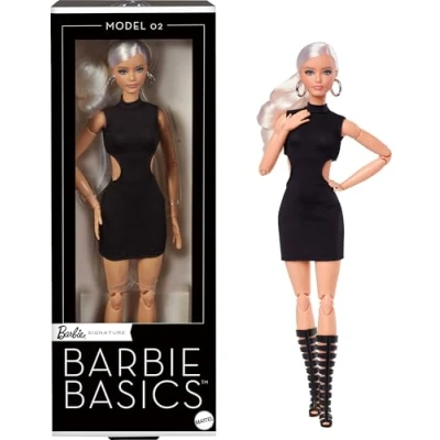 Image of Barbie ​Mattel Basics Model 02 Collector Doll with Blonde Hair, Black Mini Dress &amp; Gladiator Boots, Universal fit Fashions, Posable Body Swappable Head, JBH71