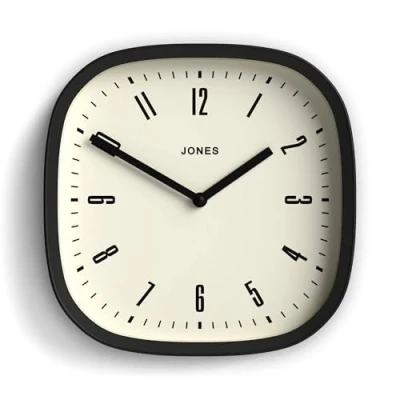 Image of Jones Clocks® Marvel wall clock Retro rounded square 25cm Black Cool designer look for kitchen, living room or office